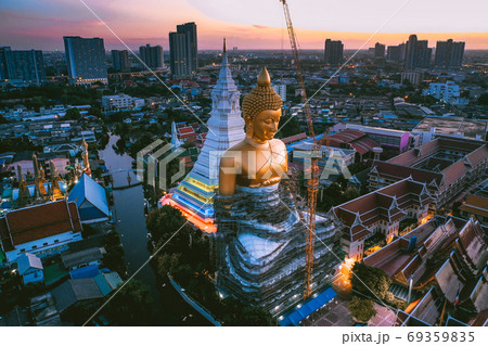 Aerial view of Wat Paknam Bhasicharoen, a temple, pagoda and Buddha statue in Bangkok Thailand 69359835