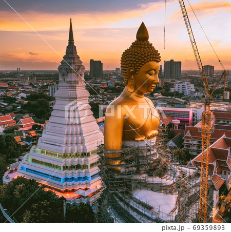 Aerial view of Wat Paknam Bhasicharoen, a temple, pagoda and Buddha statue in Bangkok Thailand 69359893