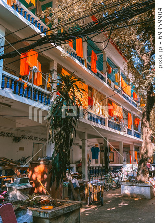 Laundry day for thai monks in Bangkok Thailand 69359904