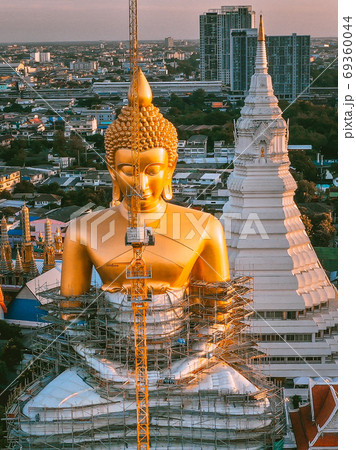 Aerial view of Wat Paknam Bhasicharoen, a temple, pagoda and Buddha statue in Bangkok Thailand 69360044