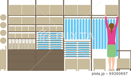 住宅 ウオークインクローゼットと荷物を取る女性のイラスト素材