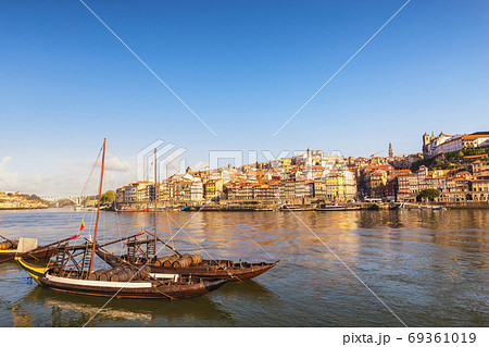 Porto Portugal city skyline at Porto Ribeira and Douro River with Rabelo wine boat 69361019