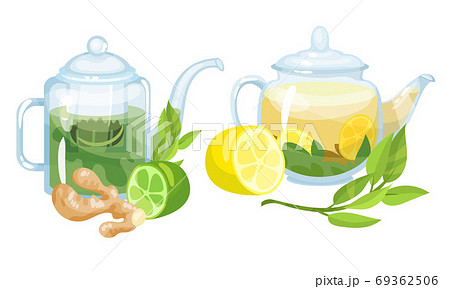 Glass Teapots with Aromatic and Spicy Fruit Tea with Lime and Lemon Rested Nearby Vector Set 69362506