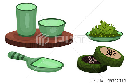 Green Pressed Bricks of Matcha Drink and Bowl for Tea Ceremony Vector Set 69362516