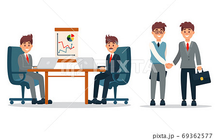 Young Male Office Workers Shaking Hands and Collaborating Vector Illustration Set Young Male Office Workers Shaking Hands and Collaborating Vector Illustration Set 69362577