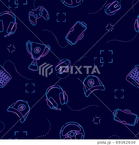 Gaming gadgets seamless pattern in deep blue, outline. Esports, pc and console games, virtual reality themes 69362630