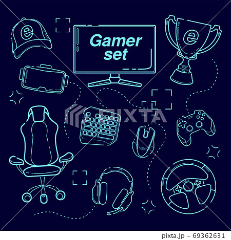 eSports set, Gaming gadgets, line set icon. Modern devices for video games, headset for virtual reality, equipment for gamers, joysticks, keypad. 69362631