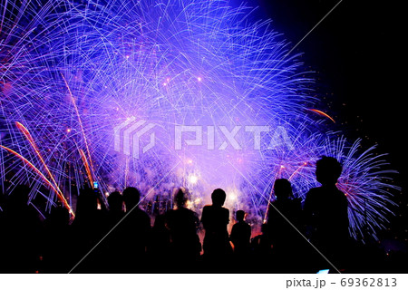 見上げる青色の大輪の写真素材