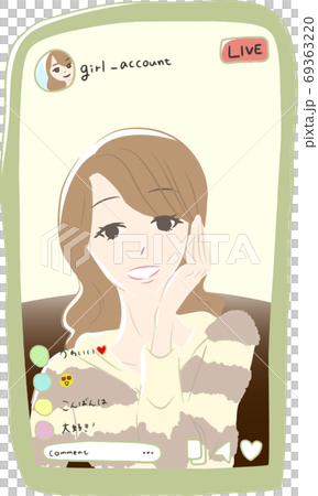 Snsのライブ配信をしている女性を画面越しに見たイラスト 線なしのイラスト素材