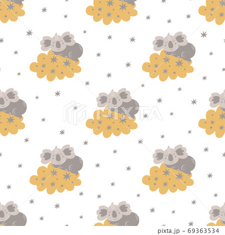 Baby bear pattern. Sweet dream. Sleeping koala bear on the clouds, stars. Childish kids texture. Good night 69363534