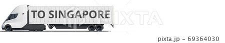 TO SINGAPORE text on the modern electric white trailer truck, 3d rendering 69364030