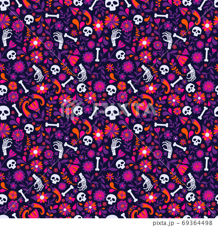 Seamless vector pattern with mexican elements. Perfect artistic background for your design. Dias de los muertos. Translate-Feast of death. 69364498