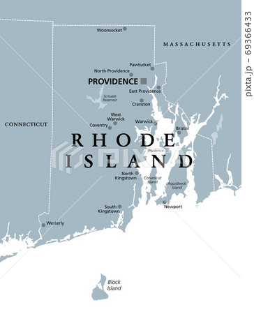 Rhode Island, political map with capital Providence. State of Rhode Island and Providence Plantations, RI, in the New England region of United States of America. Gray illustration, over white. Vector. 69366433