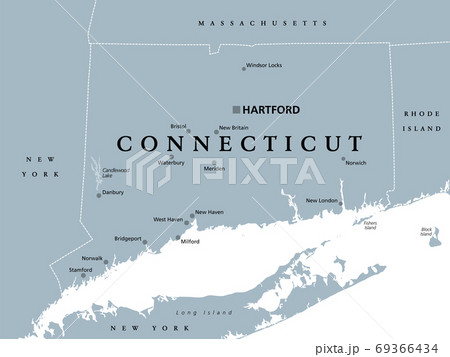 Connecticut, political map with capital Hartford. State of Connecticut, CT, southernmost state in New England region of northeastern United States of America. Gray illustration, over white. Vector. 69366434