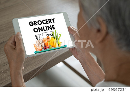 woman using mobile order delivery food to home older senior fem woman using mobile order delivery food to home older senior fem 69367234
