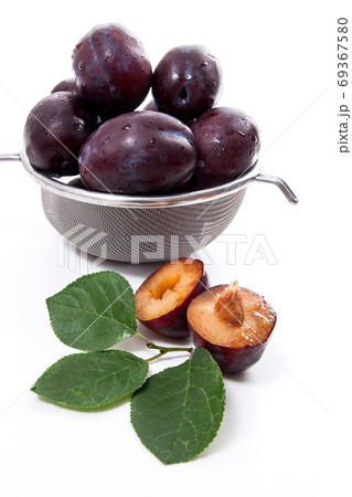 Steel colander with ripe plums, whole and half ripe plums with l 69367580