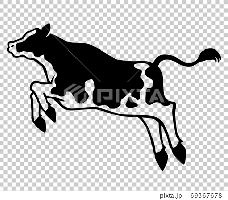 跳ねる牛のシルエット 横向き ホルスタインのイラスト素材