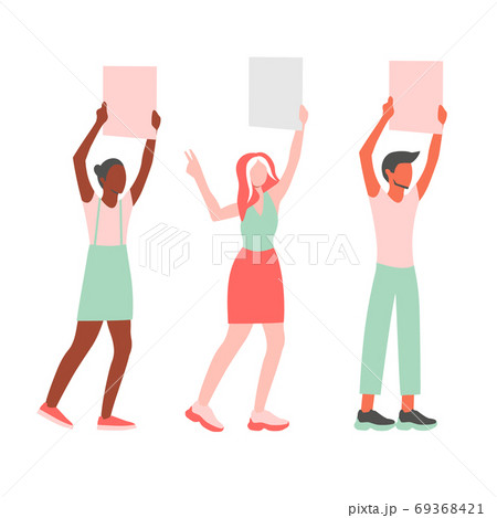 Multinational man and woman holding empty banners. Protesting cartoon characters. Vector illustration 69368421