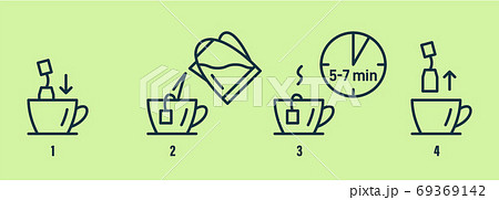 Tea or coffee brewing instruction. Tea, coffee making, brew process icons. Tea or coffee brewing instruction. Tea, coffee making, brew process icons. 69369142
