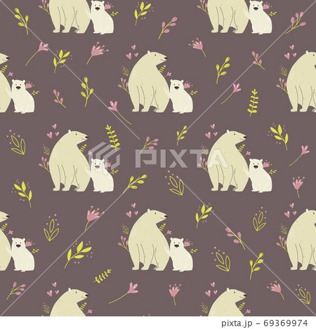 Seamless pattern with cute polar bears and field plants. Nursery print 69369974