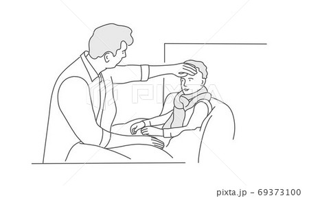 Doctor or father checking the ill boy's forehead. Doctor or father checking the ill boy's forehead. 69373100