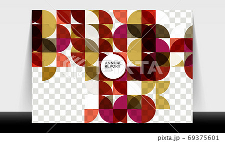 Horizontal A4 business flyer annual report template, circles and triangle style shapes modern geometric design for brochure layout, magazine or booklet 69375601