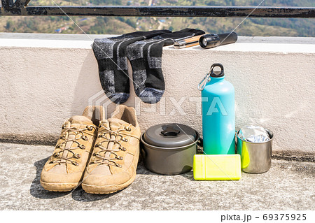 Trecking or hiking equipment set, stock photo Trecking or hiking equipment set, stock photo 69375925