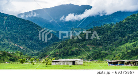 Beautiful landscape with rice field and mountains on background 69375967