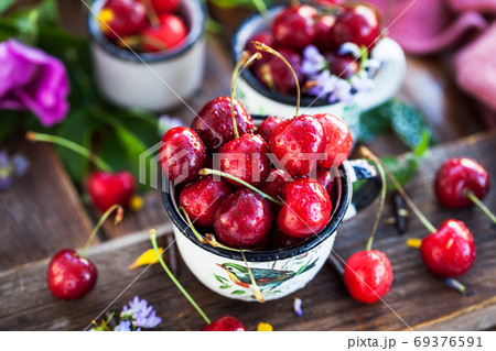 Fresh ripe cherries in a mug on summer background 69376591