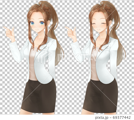 白ジャケットの指さし女性ラノベ風イラスト 背景透過 のイラスト素材