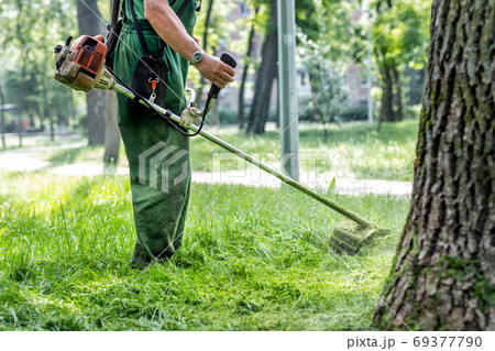 Worker mowing tall grass with electric or petrol Worker mowing tall grass with electric or petrol 69377790