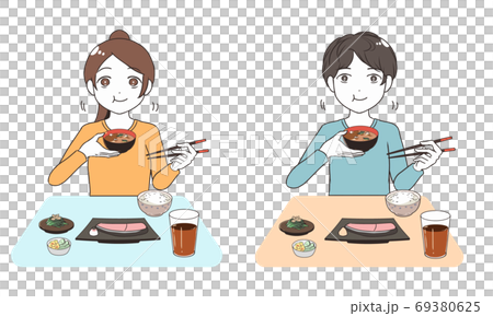 ご飯を頬張る 左利きのイラスト素材