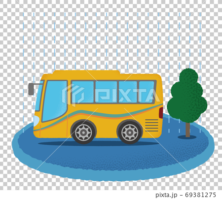 大雨の中を走る黄色い観光バスのベクターイラストのイラスト素材
