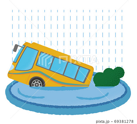 浸水の被害に遭う黄色い観光バスのベクターイラストのイラスト素材