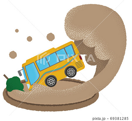 浸水の被害に遭う黄色い観光バスのベクターイラストのイラスト素材