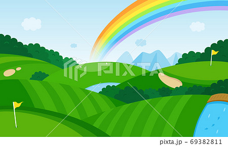 ゴルフコースと空に出た虹の風景イラスト。 69382811