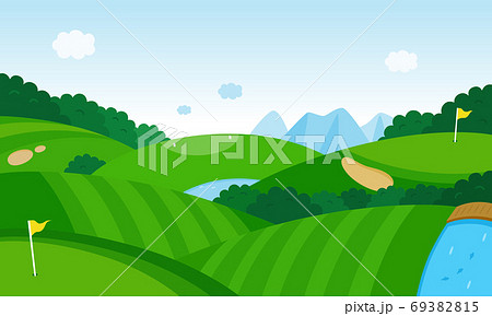 空の虹と丘の続くゴルフコースの風景イラスト のイラスト素材