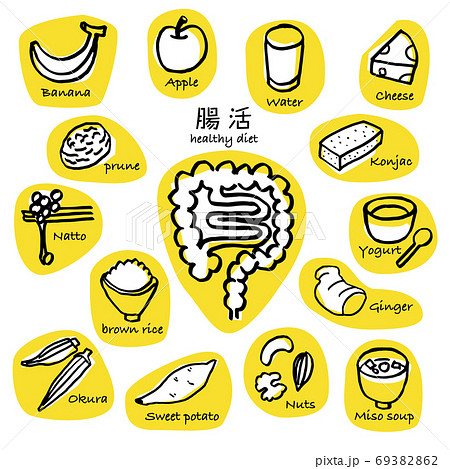 腸の動きを活発にしてくれる食べ物セット手書き線画 黄色のイラスト素材