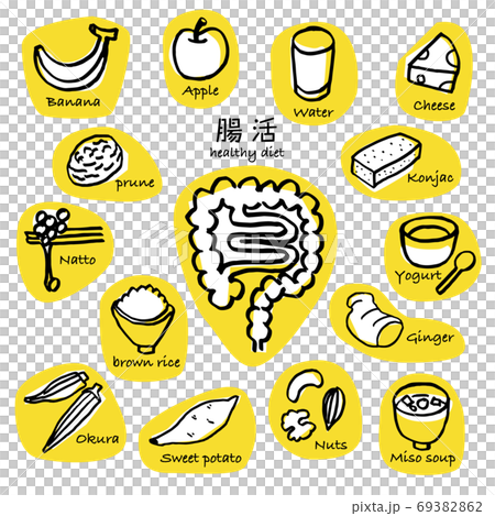 A hand-drawn line drawing of a food set that stimulates intestinal movement Yellow A hand-drawn line drawing of a food set that stimulates intestinal movement Yellow 69382862
