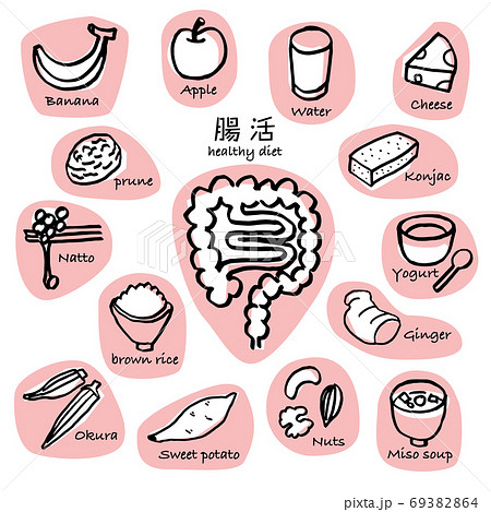 腸の動きを活発にしてくれる食べ物セット手書き線画 ピンクのイラスト素材