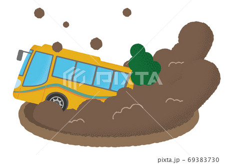 土砂災害に遭う黄色い観光バスのベクターイラスト 土砂災害に遭う黄色い観光バスのベクターイラスト 69383730