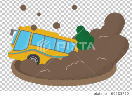 土砂災害に遭う黄色い観光バスのベクターイラスト 土砂災害に遭う黄色い観光バスのベクターイラスト 69383730