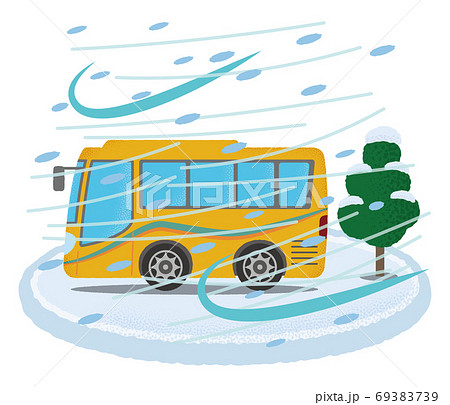 吹雪の被害に遭う黄色い観光バスのベクターイラストのイラスト素材