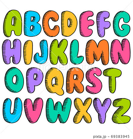 Hand drawn doodle funny font. Set of sketch cute alphabet. Vector illustration for magazines, printings, web posters, hand drawn typography etc. 69383945
