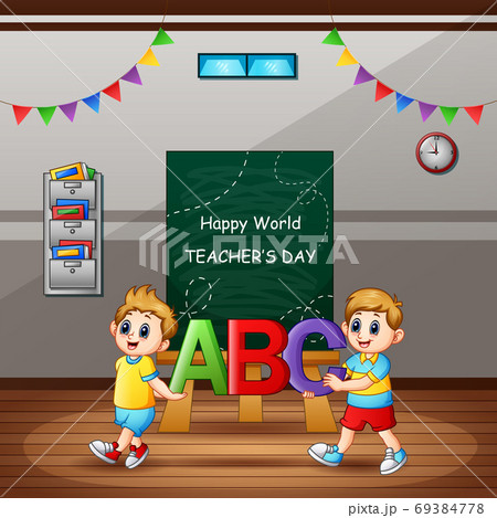 Happy Teachers Day with student holding ABC letter Happy Teachers Day with student holding ABC letter 69384778