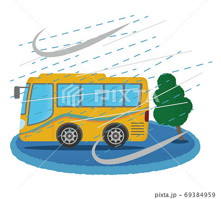 台風の被害に遭う黄色い観光バスのベクターイラストのイラスト素材