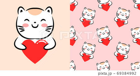Cute Design With Kawaii Cat Hug The Heart Of Loveのイラスト素材