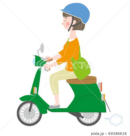 スクーターに乗るヘルメットの女性のイラスト素材