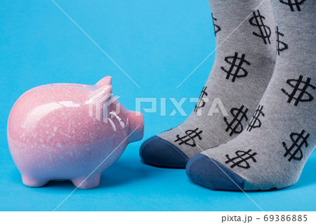 pink piggy bank looks on two legs with socks with a pattern in the shape of a dollar symbol, concept of finance and lending 69386885