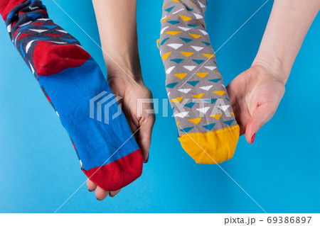 two pairs of female hands hold colored socks, stretch them and demonstrate, concept two pairs of female hands hold colored socks, stretch them and demonstrate, concept 69386897